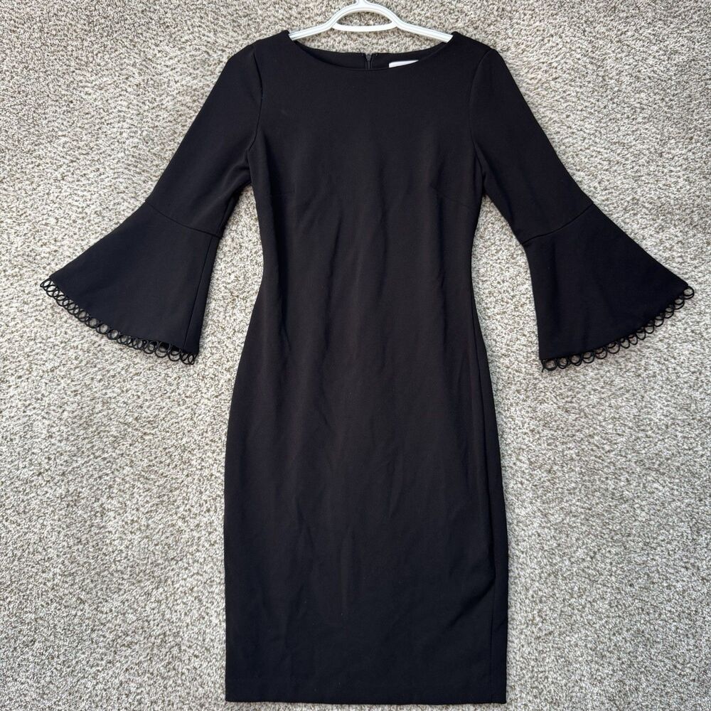 Calvin Klein Sheath Dress Women's 2 Black Bell Sleeve Stretch Scuba Boat Neck‎